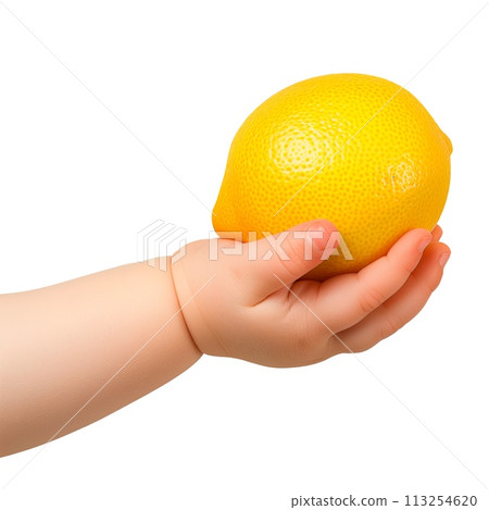 Lemon in a child's hand isolated on a white or transparent background. Close-up of lemon in hand, side view. Summer ripe fruits, a graphic design element. Lemon in a child's hand isolated on a white or transparent background. Close-up of lemon in hand, side view. Summer ripe fruits, a graphic design element. 113254620