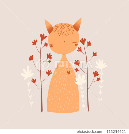 Cute orange cat on a floral background, vector illustration. Greeting card, birthday card design. 113254621