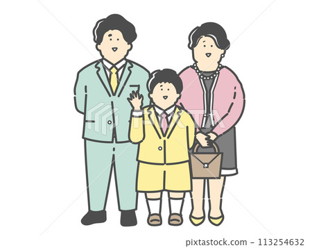 一對年輕夫婦和穿著正式服裝的孩子的家庭插圖（入學典禮，畢業典禮，入學典禮，畢業典禮） 113254632