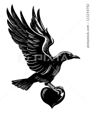 Crow with heart. Hand drawn retro styled black and white illustration 113254792