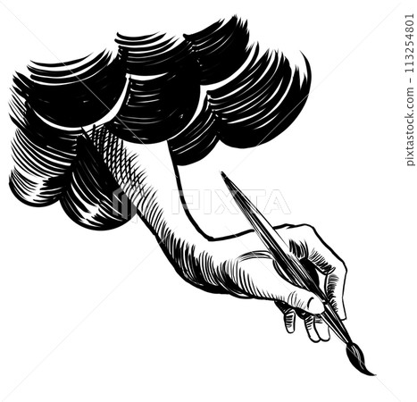 Hand with painting brush. Hand drawn retro styled black and white illustration Hand with painting brush. Hand drawn retro styled black and white illustration 113254801