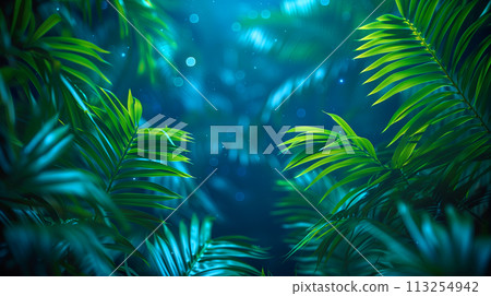 Close up on tropical palm leaves at night with a bokeh effect 113254942