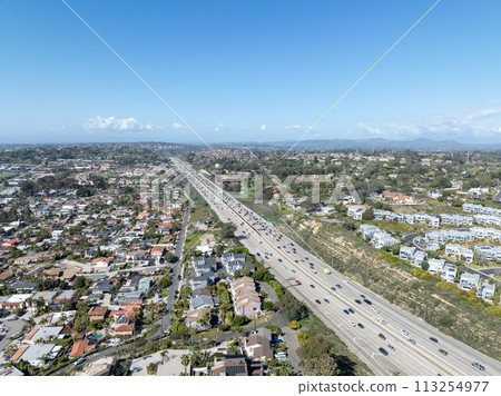 Aerial view of highway interchange and junction, San Diego Freeway interstate 5, California 113254977