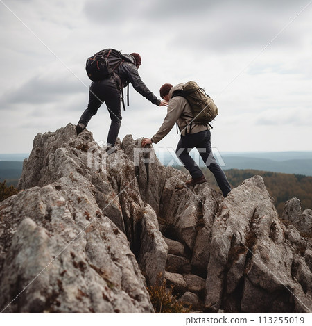 Couple of individuals are standing on summit of a mountain, enjoying panoramic view around them. They are taking in vast landscape and seem to be celebrating their achievement. Couple of individuals are standing on summit of a mountain, enjoying panoramic view around them. They are taking in vast landscape and seem to be celebrating their achievement. 113255019