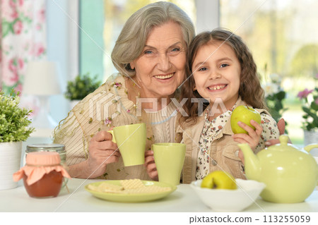 Old woman with a young girl drinking tea on the table 113255059