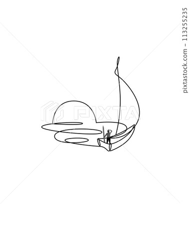 Businessman standing on a boat symbolizing leadership, innovations, strategic decision making and navigation in business. Creative design. Businessman standing on a boat symbolizing leadership, innovations, strategic decision making and navigation in business. Creative design. 113255235
