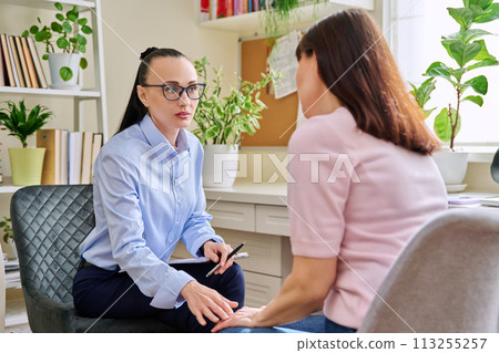 Professional mental psychologist at therapy session with female patient 113255257