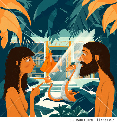 Adam and Eve in the Garden of Eden are seduced by a serpent doorman in a clothing store. 113255307