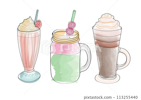 Three distinct beverages are showcased. Each drink features its unique characteristics, colors, and containers 113255440