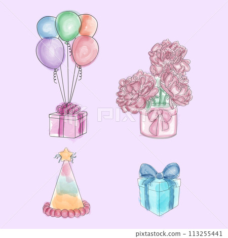 A collection of vibrant balloons, a wrapped gift box, and a fresh bouquet are displayed together. The balloons are various colors, the gift box is rectangular, and the flowers 113255441