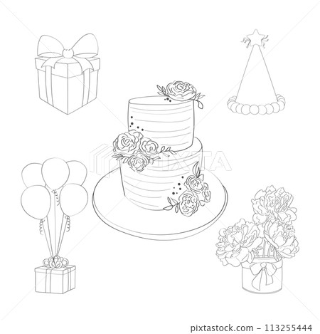 A detailed drawing showcasing a wedding cake adorned with intricate designs and surrounded by various wrapped gifts 113255444