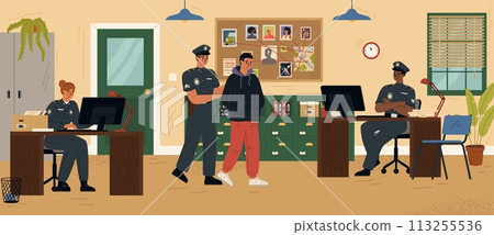 Policeman leading arrested robber and lawbreaker in police station 113255536
