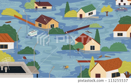 Catastrophic flood natural disaster scene with submerged buildings and cars Catastrophic flood natural disaster scene with submerged buildings and cars 113255537