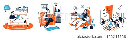 Isolated set of people characters reading book at home Isolated set of people characters reading book at home 113255538