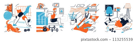 Athletic people characters engaged in home workout scene set Athletic people characters engaged in home workout scene set 113255539