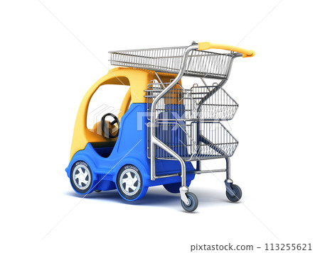 Baby blue car with a shopping basket in the back back view 3d render on white Baby blue car with a shopping basket in the back back view 3d render on white 113255621