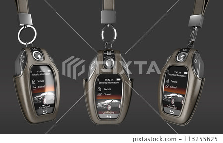 Car remote control key set in lather case realistic view 3d render on darck 113255625