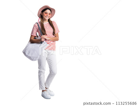 teen girl in summer tote at studio with copy space advertisement. teen girl in summer tote 113255686