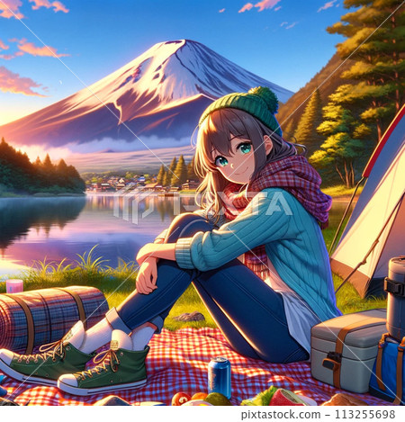 富士山、湖邊和露營女孩 113255698