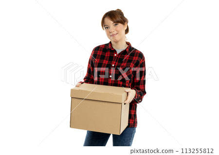 PNG, girl with boxes, moving concept, isolated on white background. 113255812
