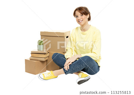 PNG, girl with boxes, moving concept, isolated on white background. 113255813