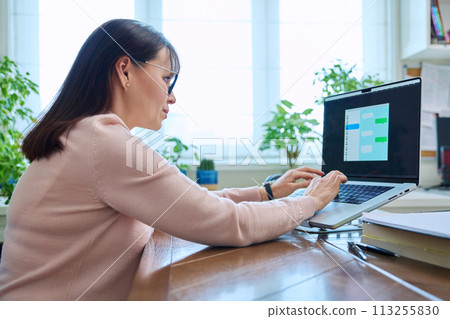 Middle-aged woman communicates online using laptop at desk at home 113255830