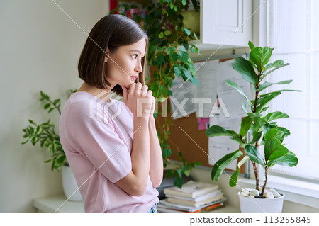 Serious young woman looking out the window, in home interior Serious young woman looking out the window, in home interior 113255845