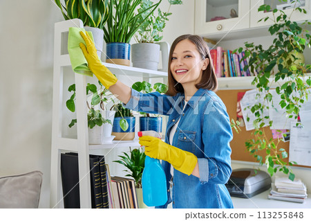 Young woman cleaning house, wearing gloves with cleaning spray and rag 113255848