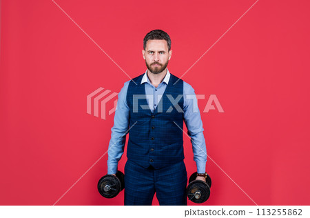 Hardworking man in formalwear hold heavy dumbbells career building, business 113255862