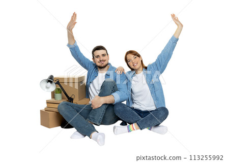 PNG, couple with boxes, moving concept, isolated on white background. 113255992