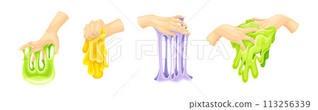 Human Hand Playing with Colorful Slime Toy Vector Set 113256339