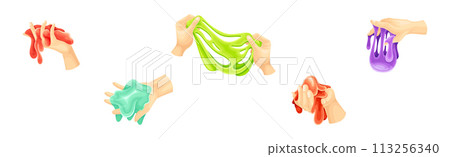 Human Hand Playing with Colorful Slime Toy Vector Set 113256340