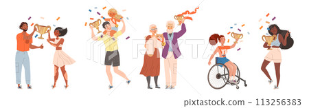 People Character Winner with Golden Cup Celebrating Success Vector Set People Character Winner with Golden Cup Celebrating Success Vector Set 113256383