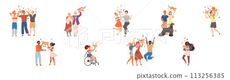 People Character Winner with Golden Cup Celebrating Success Vector Set 113256385