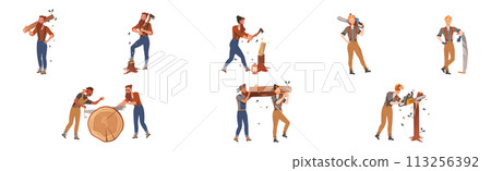 Male Lumberjack Character Chopping Wood Vector Set Male Lumberjack Character Chopping Wood Vector Set 113256392