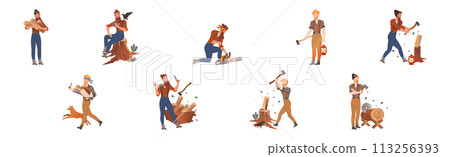 Male Lumberjack Character Chopping Wood Vector Set 113256393