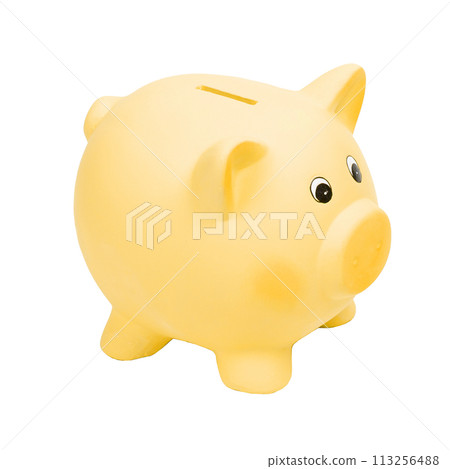 Yellow ceramic piggy bank, isolated on white background 113256488