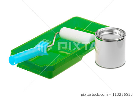 Green plastic tray, generic paint can and white roller 113256533