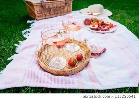 Pink drinks, cocktail with ice, raspberry, rosemary. Two glasses with martini, champagne, cider, lemonade on the blanket with fruit plate, picnic basket, Cozy summer picnic on nature. Selective focus. 113256541