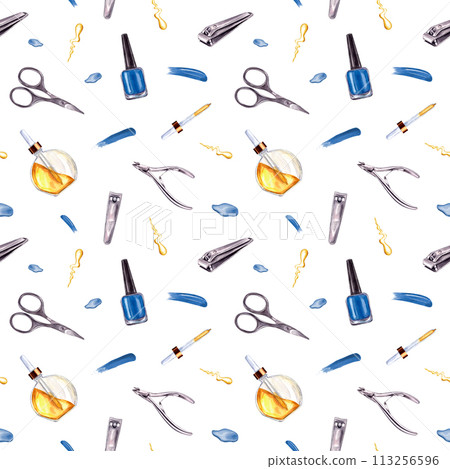Manicure instruments with splashes. Nail blue polish, trimmer, cuticle scissors, clippers. Glass Vial with cosmetic oil. Seamless pattern on white. Watercolor illustration for package, textile 113256596