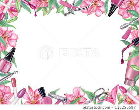 Manicure tools, nail polish, splashes among tropical flowers. Square frame with copy space. Nail file, cream, nail buffer, cuticle trimmer for beauty. Watercolor illustration isolated on white. 113256597