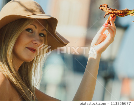 Woman touching dry leaf on tree, outdoor 113256677