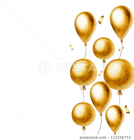 Watercolor golden frame with ribbon and streamer for birthday gifts, foil balloons. Hand drawn confetti for party decoration isolated on background. Shiny template, banner for designers, prints, baby 113256753