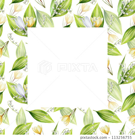 Watercolor frame, postcard, template with bouquet of yellow and white blooming crocus and lily of the valley flowers isolated on background. Spring and easter botanical hand painted saffron Watercolor frame, postcard, template with bouquet of yellow and white blooming crocus and lily of the valley flowers isolated on background. Spring and easter botanical hand painted saffron 113256755