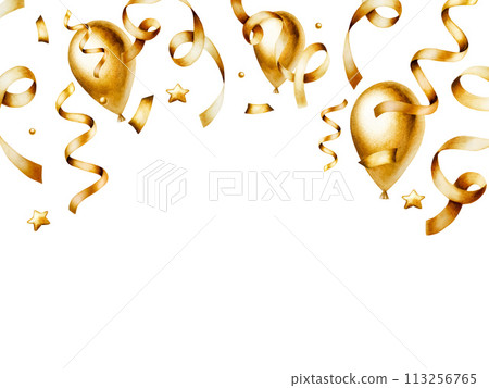 Watercolor golden frame with ribbon and streamer for birthday gifts, foil balloons. Hand drawn confetti for party decoration isolated on background. Shiny template, banner for designers, prints, baby 113256765