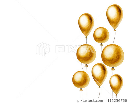 Watercolor golden frame, template with foil balloons on a strings. Hand drawn birthday and party decoration isolated on background. Shiny element for designers, prints, baby shower, postcards, 113256766
