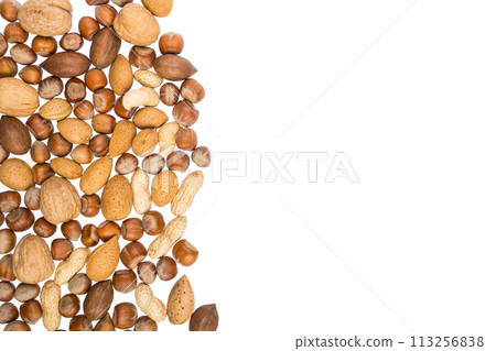 Various nuts arrenged in a pile with copy space, banner or header shape Various nuts arrenged in a pile with copy space, banner or header shape 113256838