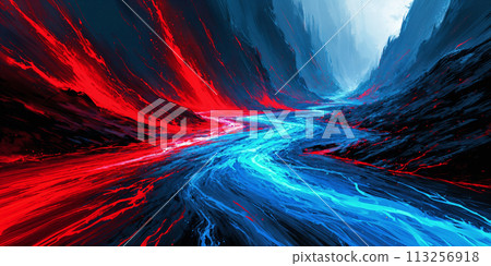 Red and blue swirling river. 113256918