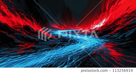 A river flowing through a red and blue landscape. 113256919