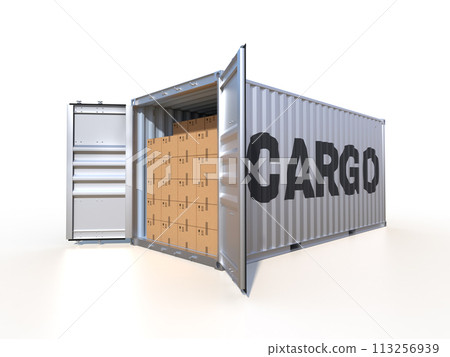 Cargo container and cardboard boxes isolated on white background 113256939
